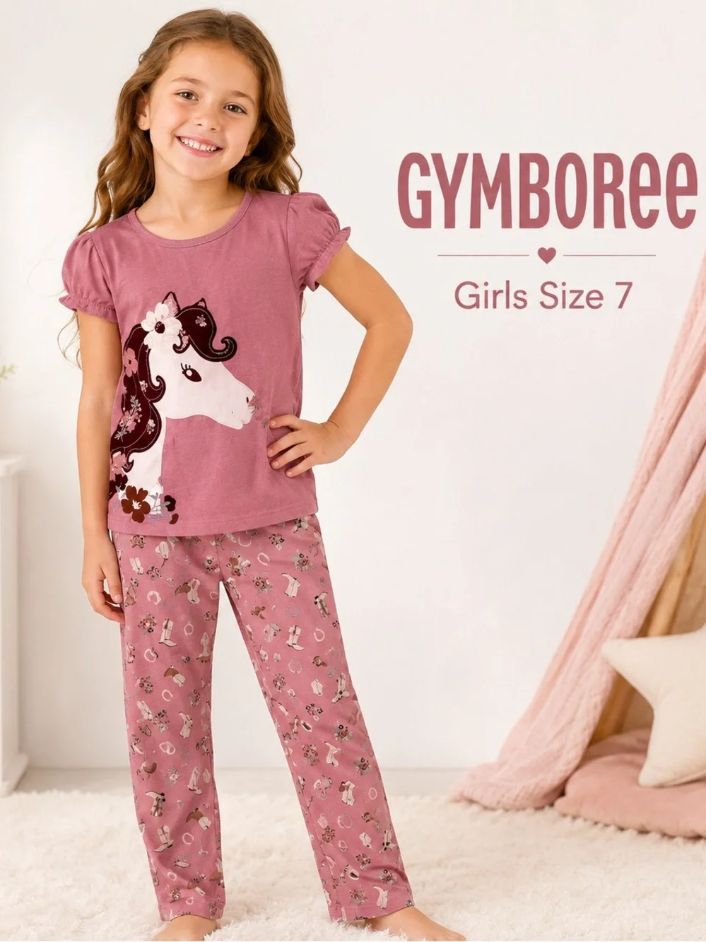 Gymboree Pink Pajama Set with Ruffled Top and Floral Bottoms/girls size 7